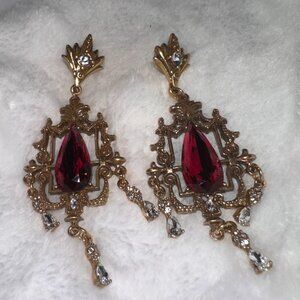 Vintage Gold Gothic Chandelier Earrings with Ruby Red Teardrop Crystals